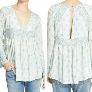 Free People Rolling Hills Boho Blouse Green Combo Bell Sleeves Size Small